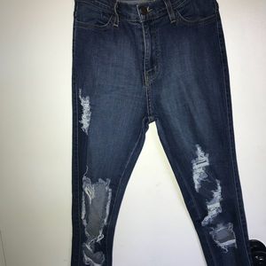 High waisted distressed jeans